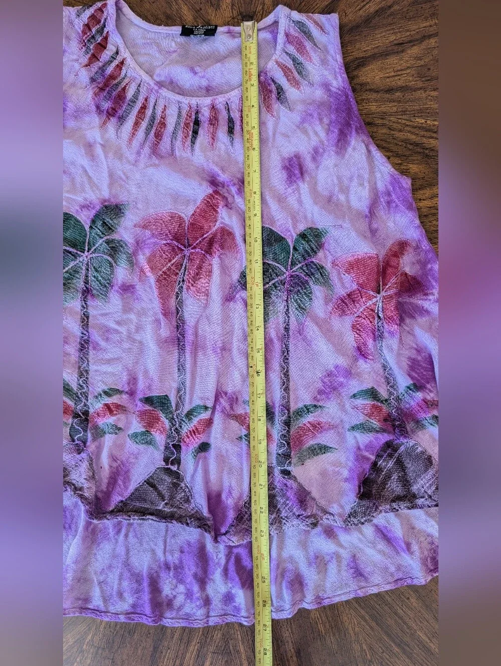 Vintage Pink & Purple Tie Dye Palm Tree Embroidered Flowy Sleeveless Shirt, OS - Picture 9 of 12